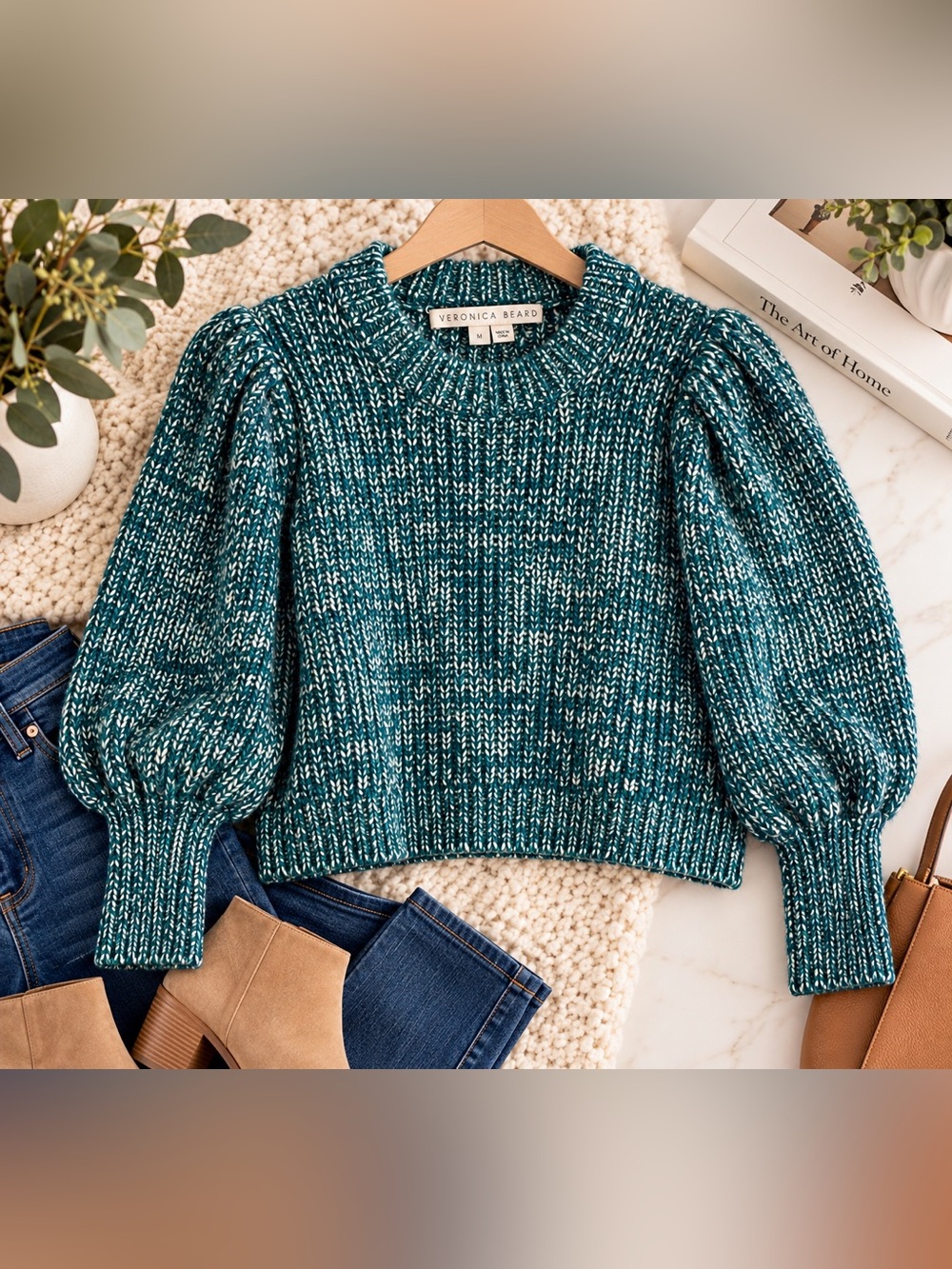 Veronica Beard Roopa Petrol Multi Merino Wool Alpaca Puff Sleeve Sweater M